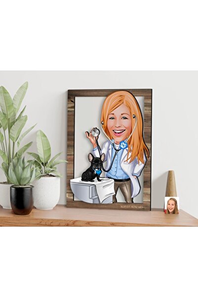 Bk Gift Kişiye Özel Kadın Veteriner Hekim Karikatürlü 3d Ahşap Tablo, Sevgili...