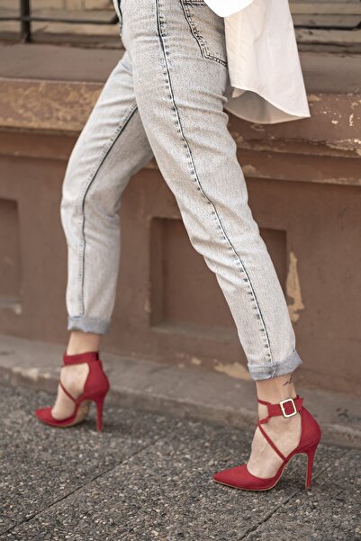 AYAKKABI PRENSİ Pansy Kirmizi Suet 10 Cm Kadın Klasik Topuklu Ayakkabı Suet