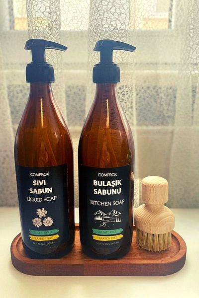 Comprox Ξύλινη βάση 2 τεμαχίων Amber Glass Liquid Soap Dish Detergent Bottle Soap Dispenser 500ml με βάση