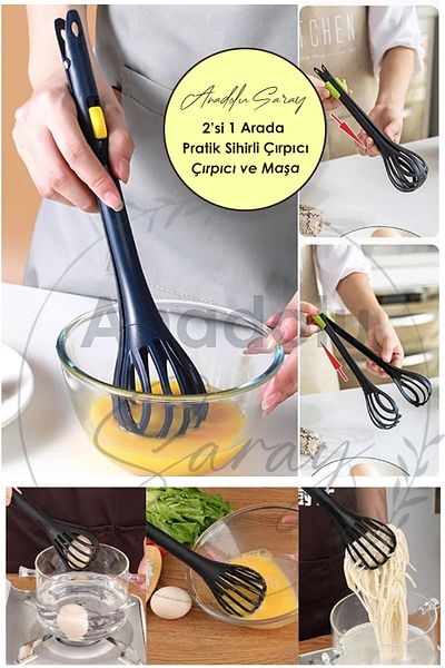 Anadolu Saray Çarşısı Practical 2-in-1 Magic Egg Sauce Cream and Pasta Tongs - Beater Tongs Set