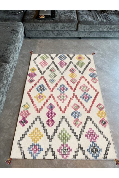 Rugs Modern Halı Mira 1175 Πολύχρωμο Μπεζ Χαλί με Φούντες και Υφαντή Βάση σε ...