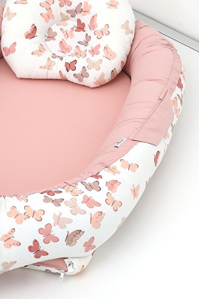 Umaybebek Babynest, Baby Sleeping Bed 0-2 Years - 100% Cotton - Powder Butterfly