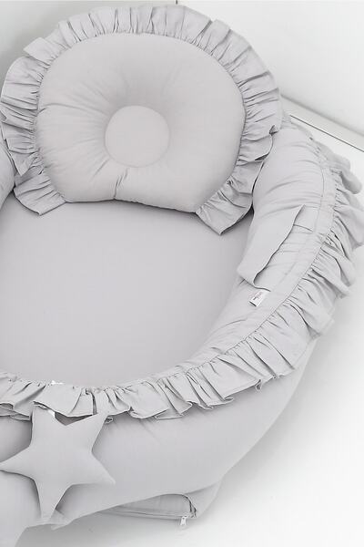 Umaybebek Babynest, Baby Sleeping Bed 0-2 Years - Cotton Fabric - Gray Ruffled