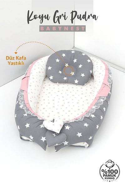 Umaybebek Babynest، سرير نوم للأطفال 0-2 سنة - قماش قطني - مسحوق رمادي داكن - مسحوق رمادي داكن