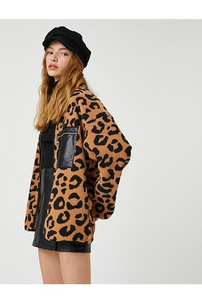 Koton Plyšová mikina na zip s leopardím vzorem