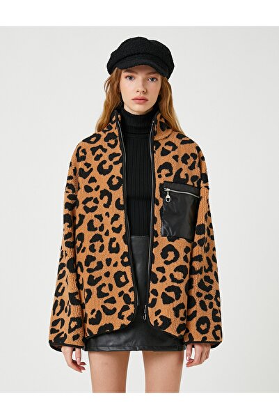 Koton Plyšová mikina na zip s leopardím vzorem