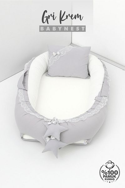 Umaybebek سرير نوم للأطفال بعمر 0-2 سنة - قماش قطني، رمادي كريمي Babynest