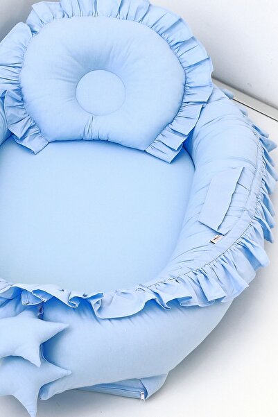 Umaybebek Babynest, Baby Sleeping Bed 0-2 Years - 100% Cotton - Blue Frilly