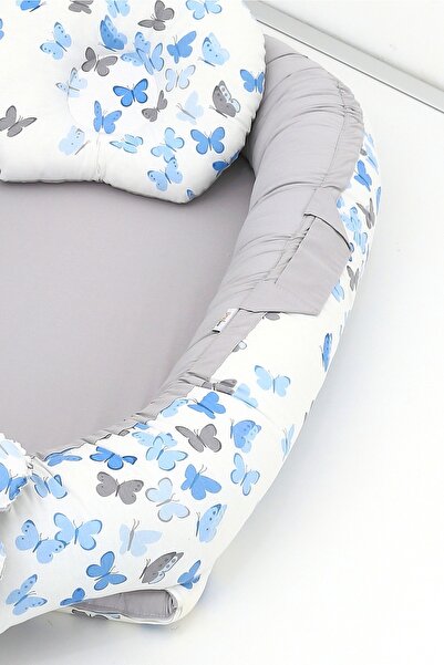 Umaybebek 0-2 Years Old Baby Sleeping Bed - Cotton Fabric, Blue Butterfly Pattern