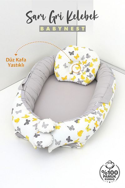 Umaybebek Babynest، سرير نوم للأطفال بعمر 0-2 سنة - قماش قطني - فراشة رمادية صفراء