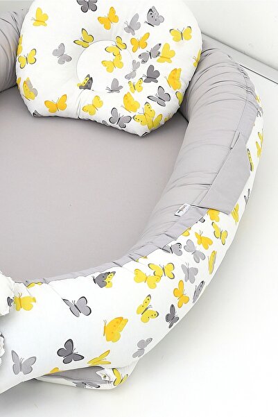 Umaybebek Babynest, Baby Sleeping Bed 0-2 Years - Cotton Fabric - Yellow Gray Butterfly