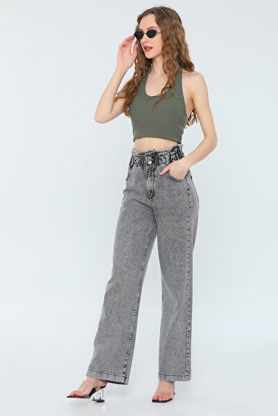 MAKRAS EXCLUSIVE Women's Anthracite Smoked Color Front Buttoned Elastic Waist Flare Fit Wide Leg Jean