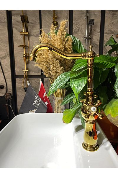 İSAOĞLU YAPI Gold Kitchen Faucet Gold Sink Faucet Avantgarde Design Open and Close System Rustic Kitchen Faucet