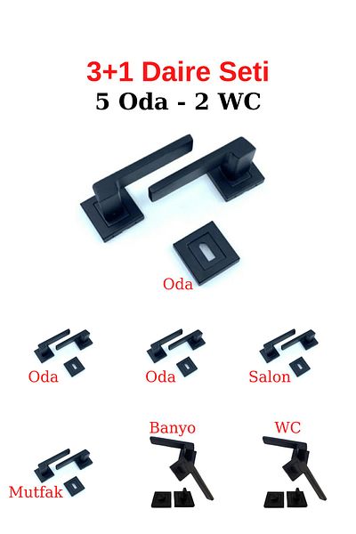 ARON (7 Sets) Sofuoğlu Anka Square Rosette (3 + 1) Circle Set Door Handle Matte Black