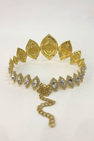 Hobigram Χειροποίητο Χρυσό Βραδινό Φόρεμα Ζώνη με Μοτίβο Βακλαβά και Πέτρα – Ζώνη, Κομψό Σχέδιο, Γυναικείο Αξεσουάρ