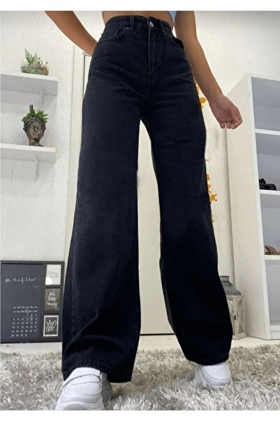 sinembutik Yüksek Bel Siyah Kot Pantolon Siyah Salaş Jeans Likralı Esnek Palazzo