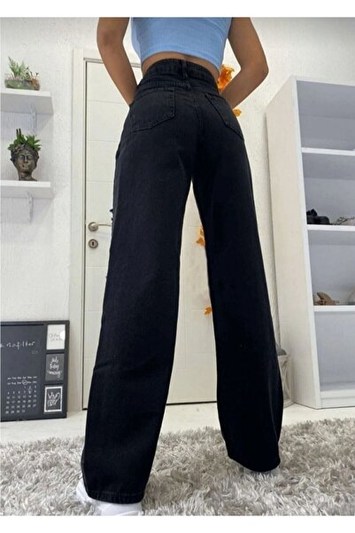 sinembutik Yüksek Bel Siyah Kot Pantolon Siyah Salaş Jeans Likralı Esnek Palazzo