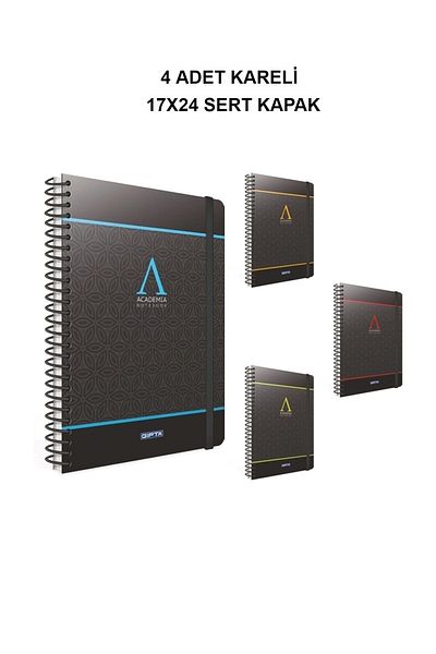 Gıpta Academia 17x24 120 Sheets Checked Hard Cover Spiral Notebook (4 Pieces)