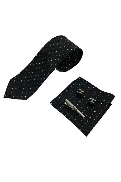 Brianze Black Small Shawl Pattern Tie Handkerchief Cufflink and Tie Clip Gift Set