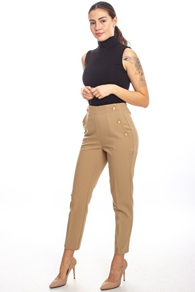 ZARAZA Elastic Waist Button Detailed Trousers