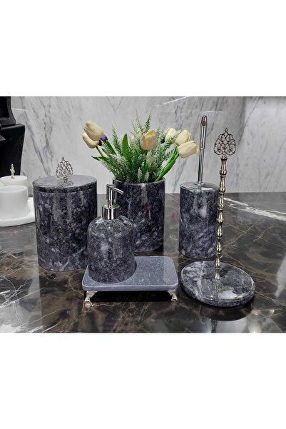Sümeyra Marble Art طقم حمام ديكور رخام طبيعي مدخن 6 قطع " كروم "