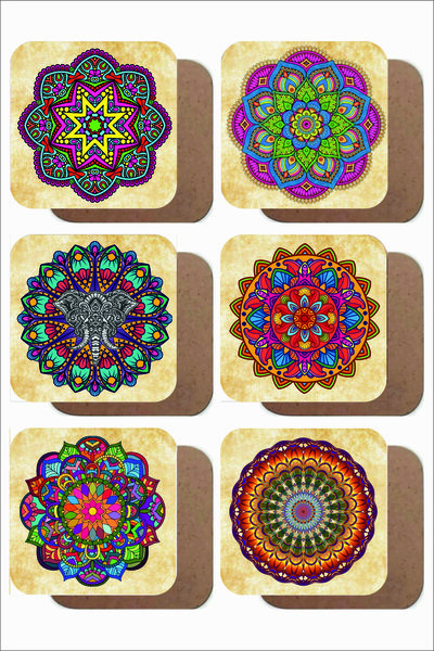 UNT مجموعة كلاسيكية تحت عنوان ماندالا مكونة من 6 قواعد أكواب خشبية