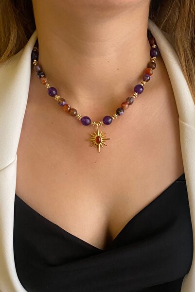 Suerte Accessories Ametist Ve Hint Akik Doğal Taşlı Akik Doğal Taş Altın Kuzey Yıldızı Uçlu El Yapımı Doğal Taş Kolye