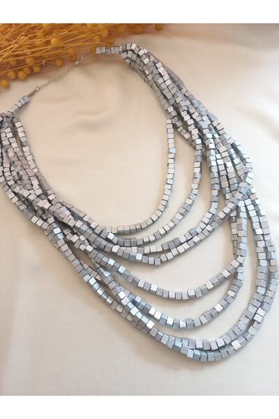 İPAR AKSESUAR 8 Sıra Bambu Silver Ahşap Çoklu Kolye