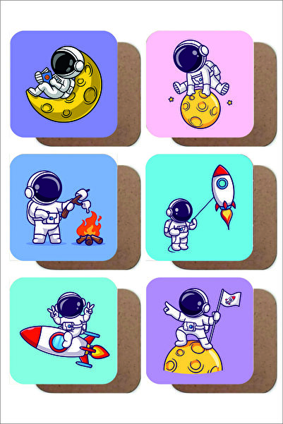 UNT مجموعة قواعد أكواب خشبية لطيفة لرائد الفضاء مكونة من 6 قطع