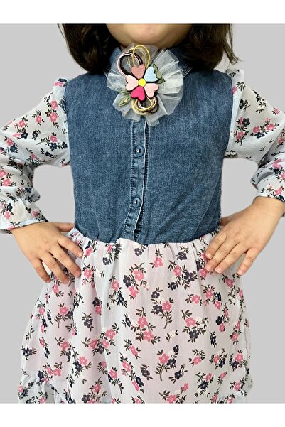 Esterella Kız Çocuk Kot Elbise/ Denim Gömlek Yakalı Elbise/ Çiçek Desenli Şifon Elbise/tokalıdır
