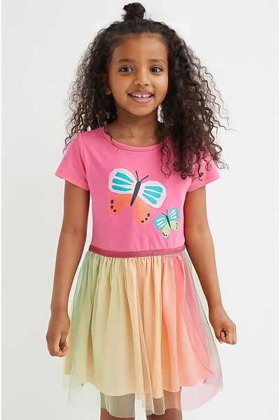 Pink Hippo Kids Girl's Skirt Multicolored Butterfly Printed Tulle Dress on the Front