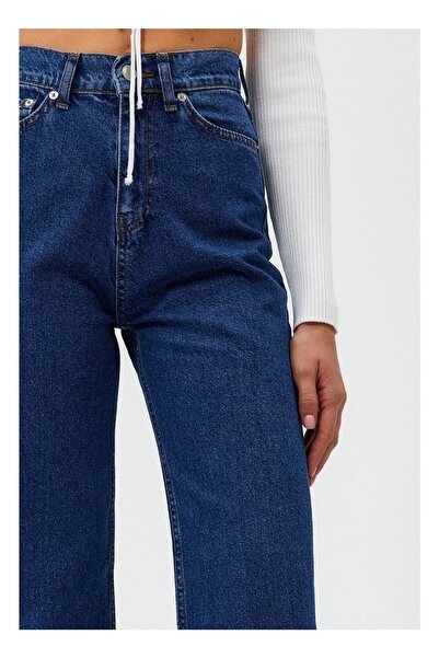 Trn JNS Blugi Lock Albastru Inchis Talie Inalta Pantaloni Denim Picior Lat Blugi Palazzo Lycra