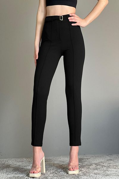 NET OF NOT Black High Waist Belt Detailed Ribbed Stitched Recovery Women's Trousers