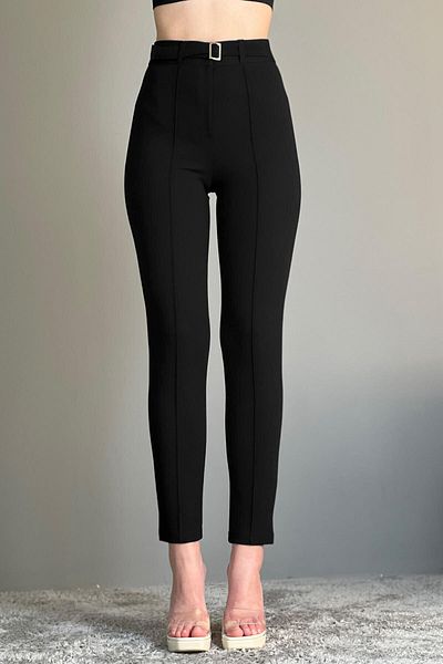 NET OF NOT Black High Waist Belt Detailed Ribbed Stitched Recovery Women's Trousers