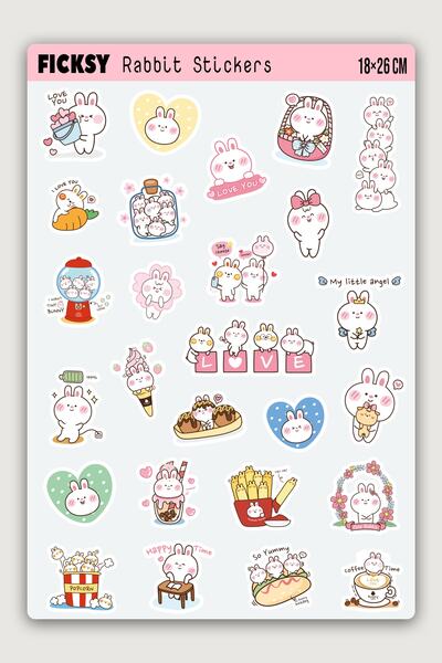Ficksy Kawaii Stili Sevimli Tavşan Sticker Seti - 26 Adet Etiket Çıkartma