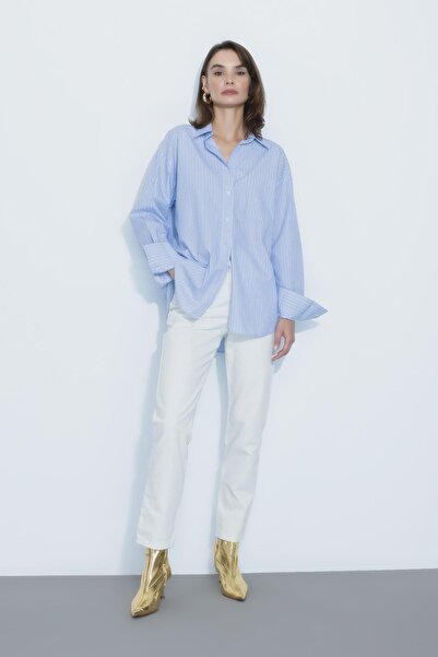 DeFacto Koszula oversize w paski z długim rękawem, popelinowa, 100% bawełny