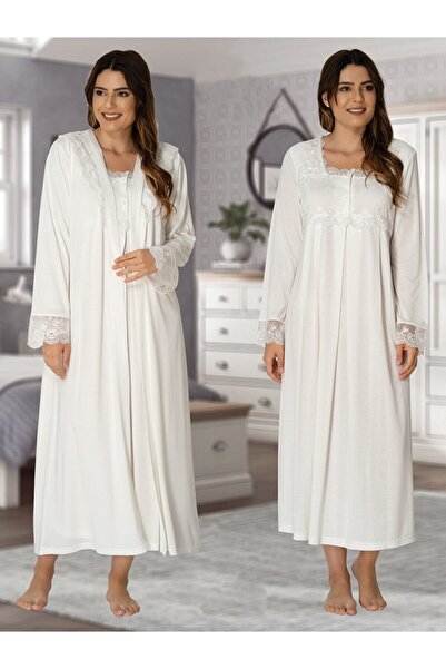 Genel Markalar Effort Ekru Dantel Kollu Lohusa Hamile Sabahlıklı Gecelik Takımı