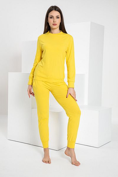 MyBen Yellow Colored Pocket Long Sleeve Crew Neck Tracksuit Set 2022-2193