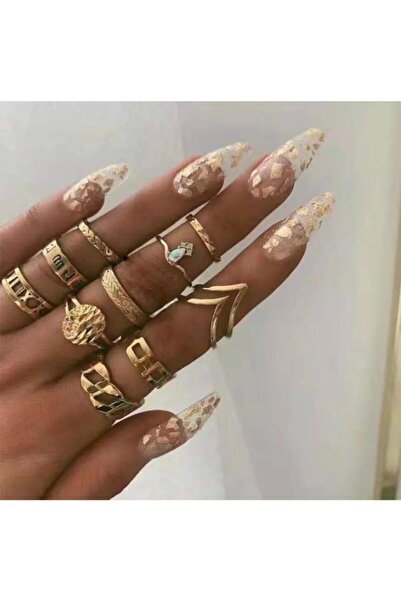 QUEEN AKSESUAR Gold Altın Renk Kaplama Yüzük Seti Örgü Model Taşlı Yüzük Set