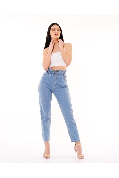 ByCukurovaFrango Pantaloni de damă, albastru gheață, cu talie înaltă elastică, blugi boyfriend
