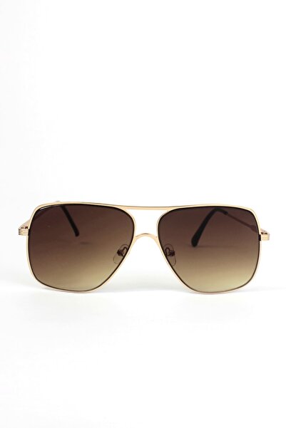 MOBGİFT Gold Metal Çerçeveli Pilot Unisex Güneş Gözlüğü Kahverengi