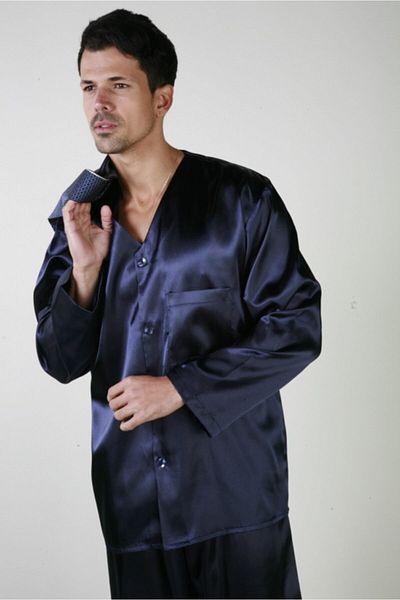 ANCELO Ανδρικές πυτζάμες Navy Blue Satin Robeshambr Σατέν Πυτζάμες και Βαμβακερές Πυτζάμες 5 τεμαχίων Groom Dowry