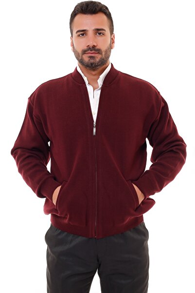KARBEY TRİKO Men's Burgundy Oversize Lined Knitwear Cardigan