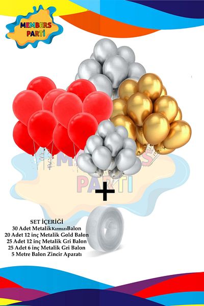 BARN MEMBERS Metallic Red - Gold - Gray Balloon Set + Balloon Chain Attachment + Balloon Inflator Pump