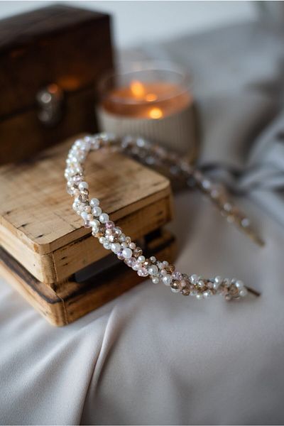 Eva Flore Pink Brown Jewelled Pearl Crown, Engagement Bridal Crown
