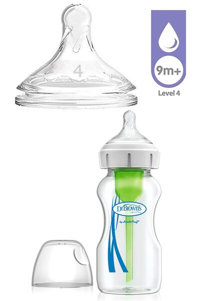 Dr.Brown's Yeni Geniş Ağız Gaz Yapmayan Cam Biberon 270 Ml + Level 4 Biberon Emziği Set