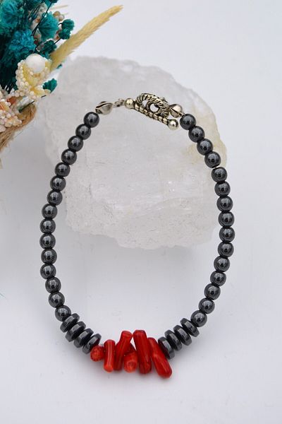 Stoneage Hematite and Coral Stone Evil Eye and Healing Bracelet