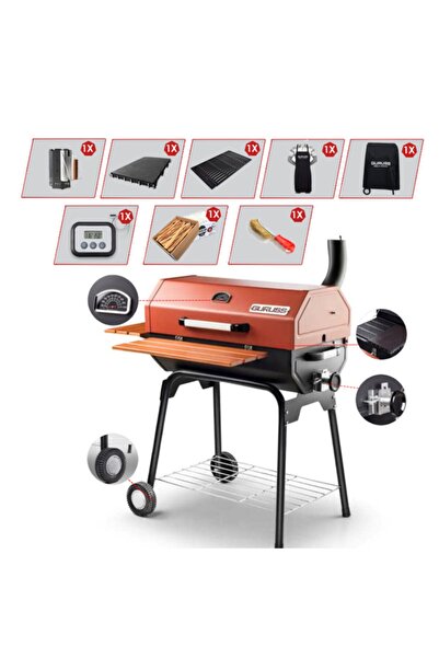 Guruss CG-075 KÖMÜRLÜ BBQ MANGAL KIRMIZI GURME SETİ -ET TERMOMETRELİ