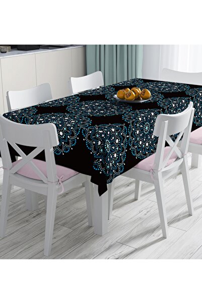Realhomes Siyah Zeminde Mavi Boncuklu Mandala Dijital Baskılı Masa Örtüsü