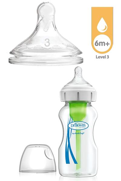 Dr.Brown's Yeni Geniş Ağız Gaz Yapmayan Cam Biberon 270 ml + Level 3 Biberon Emziği Set